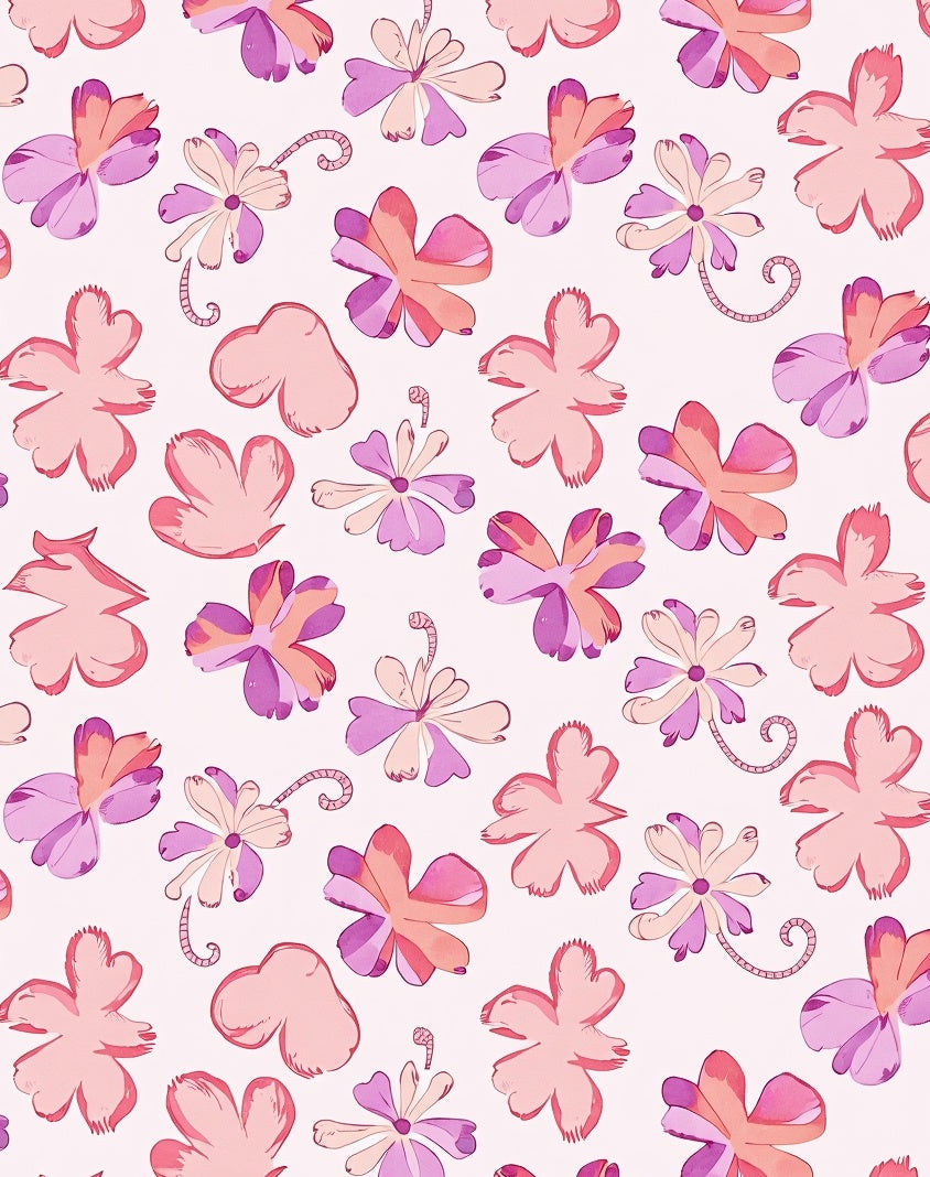 Enchanted Meadow Floral Mosaic with Petal Silhouettes and Botanical Whimsy (Pink) - ODIKA