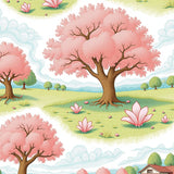 French Provincial Toile Countryside Scene with Blooming Trees(Pink)