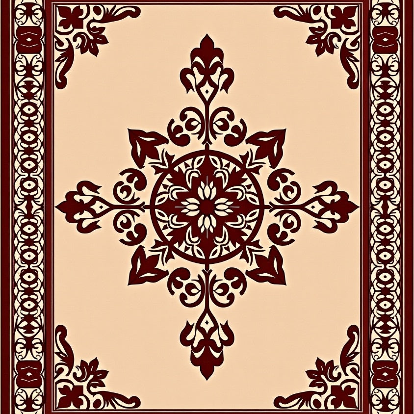 Ornate Medallion Blossom Design with Vintage Scrollwork Accents (Beige) - ODIKA