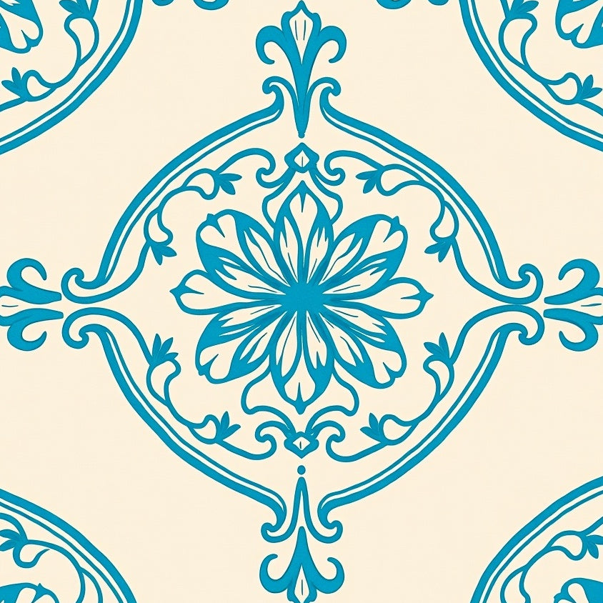 Farmhouse Floral Damask Scrollwork Ornamental Heritage Design (Blue) - ODIKA