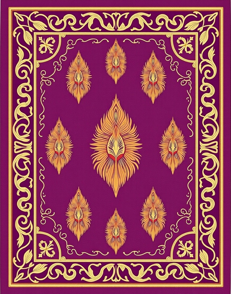 Peacock Feather Medley with Elegant Floral Scrolls (Purple) - ODIKA