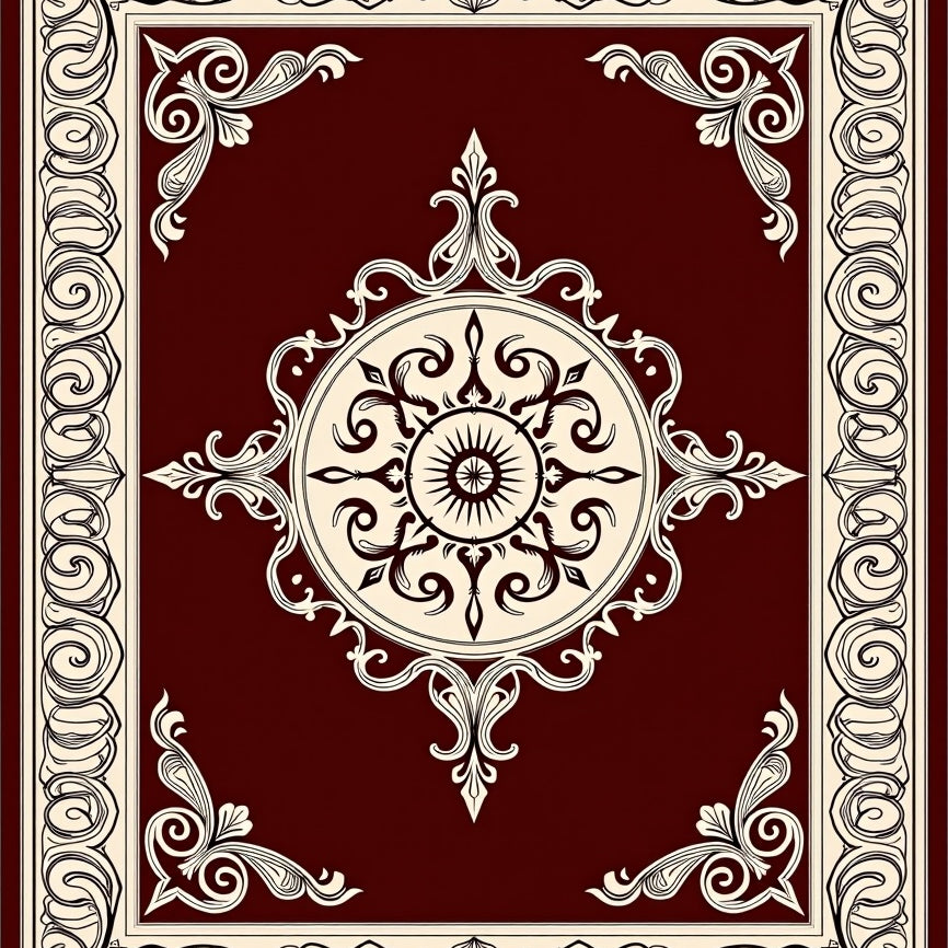 Vintage Medallion with Scrollwork Border Accents (Burgundy) - ODIKA