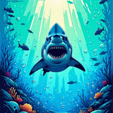 Underwater Adventure Shark Area Rug with Bold Jaws and Ocean Waves(Blue)