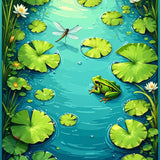Playful Pondside Picnic Charming Scene with Frogs Lilies and Dragonflies(Green)