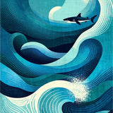 Artistic Shark Themed Carpet with Geometric Ocean Elements and Waves(Blue)