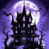 Elegant Halloween Area Rug Spooky Mansion Silhouette(Purple)