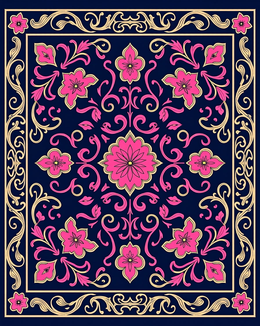 Artisan Scrollwork Damask Vine with Ornate Petals and Foliage (Pink) - ODIKA