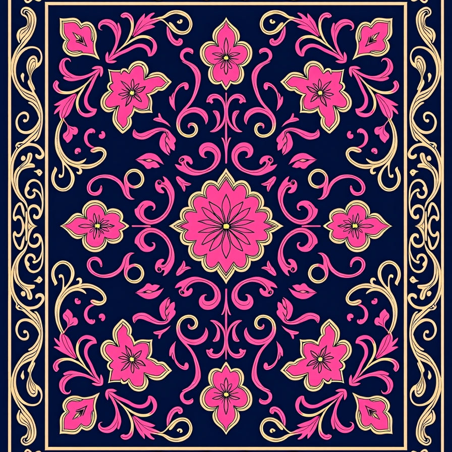 Artisan Scrollwork Damask Vine with Ornate Petals and Foliage (Pink) - ODIKA
