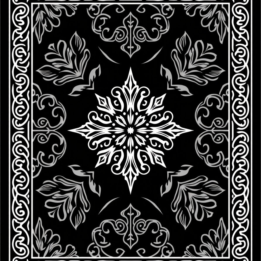 Ebony Damask Medallion Design with Ornate Scrollwork (Black) - ODIKA