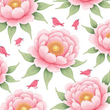 Watercolor Peony Blossom Garden Tapestry with Delicate Songbird Motifs(Pink)