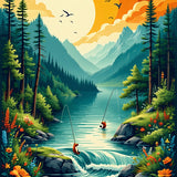 Nature Carved Fishing Scene Cabin(Green)