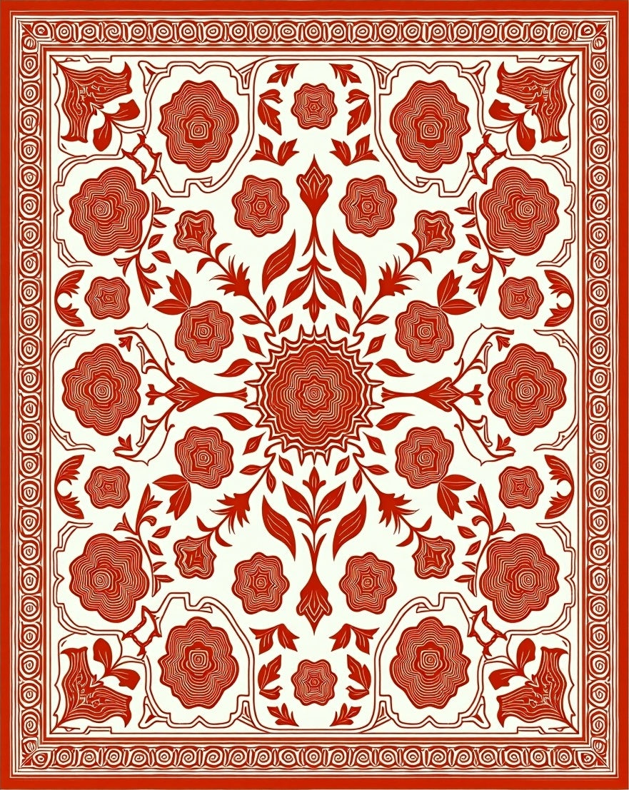 Heritage Damask featuring Symmetrical Rose Clusters (Red) - ODIKA