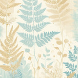 Pastel Harmony with Beige Ferns and Light Blue Abstract Botanical Shapes(Beige)