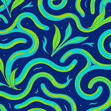 Abstract Wave Foliage with Swirling Leafy Motifs and Modern Art Detailing (Blue)