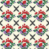 Damask Trellis Overlay with Stylized Floral Sprays and Washed Hues (Red)
