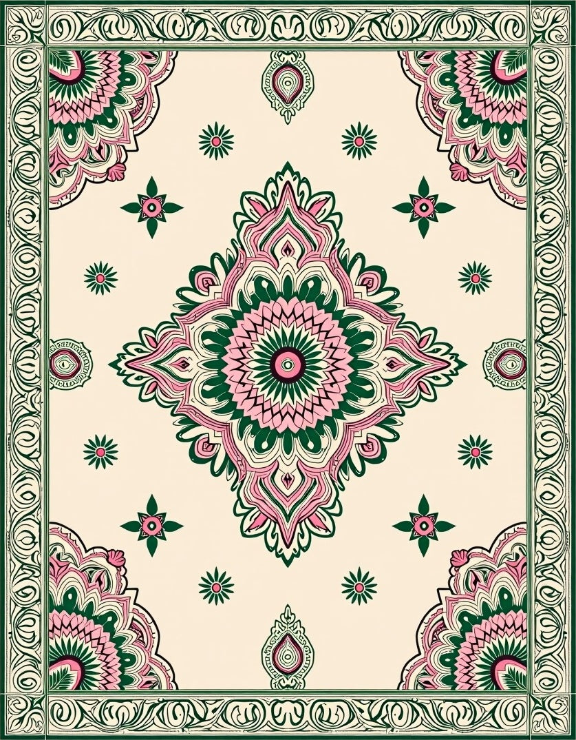 Boho Floral Medallion Motifs with Hand Drawn Paisley Accents (Beige) - ODIKA