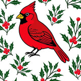 Festive Cardinal Perched Among Holly Branch Winter Scene(Red)
