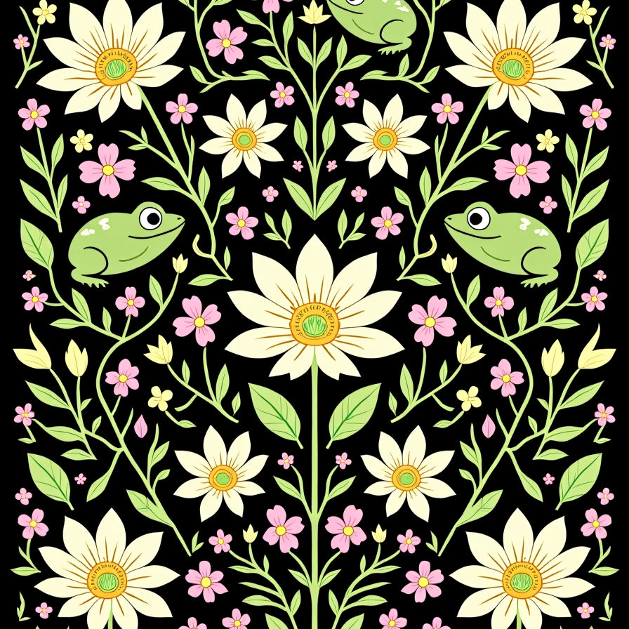 Cottagecore Lotus Meadow with Frogs Wildflowers and Delicate Leaves (Black) - ODIKA