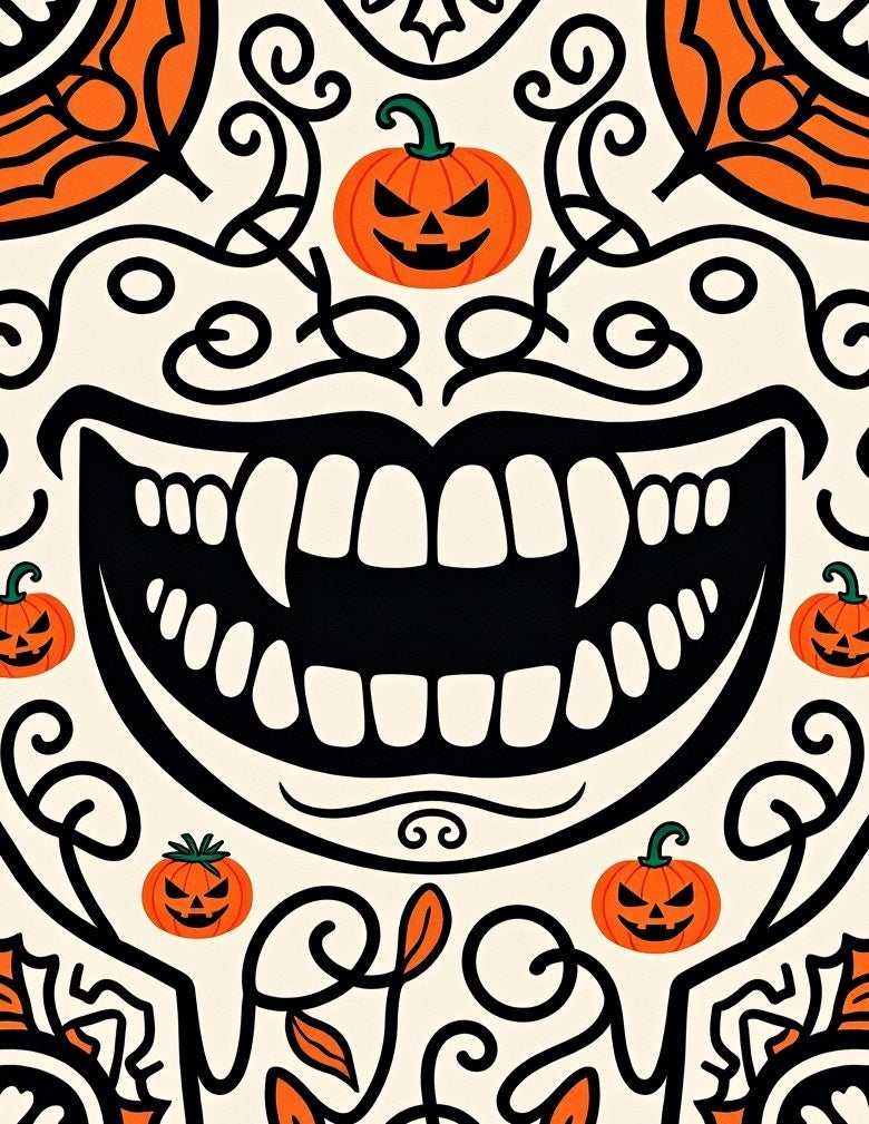 Haunted Skeleton Grin with Gothic Swirls and Festive Pumpkin Accents(Black) - ODIKA