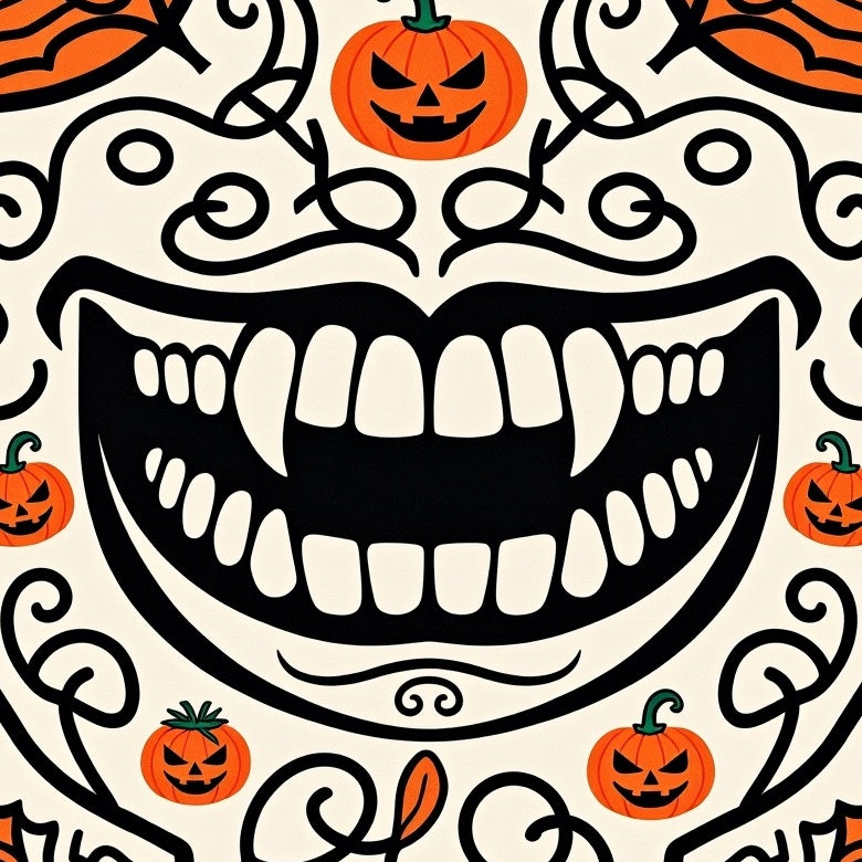 Haunted Skeleton Grin with Gothic Swirls and Festive Pumpkin Accents(Black) - ODIKA