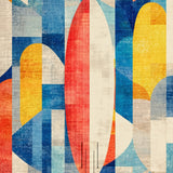 Coastal Surfboard Mosaic with Bold Shapes and Vibrant Nautical Color Blocks(Blue)