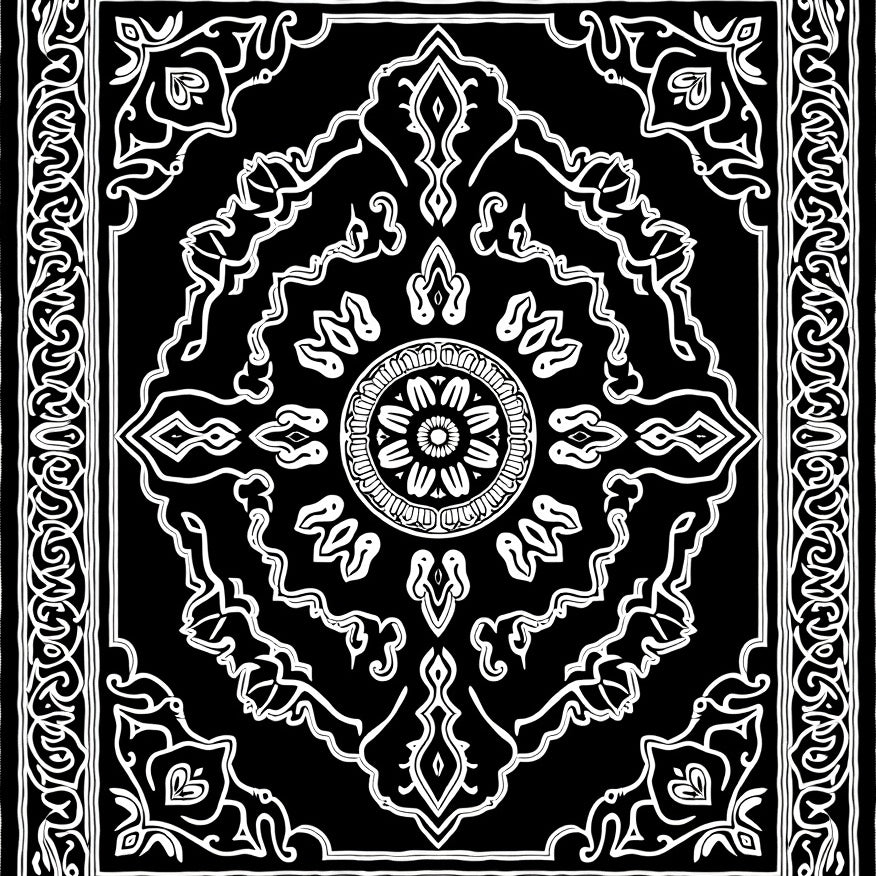 Intricate Medallion with Ornate Floral Motifs Symmetrical Design (Black) - ODIKA