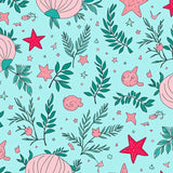 Festive Sea Shells and Evergreen Pine with Holiday Accents(Light Blue)