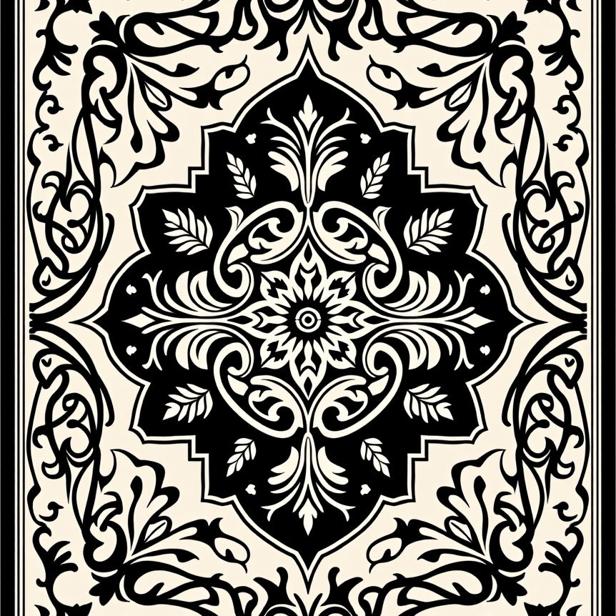 Vintage Floral Medallion Tapestry With Elegant Botanical Ornaments (Black) - ODIKA