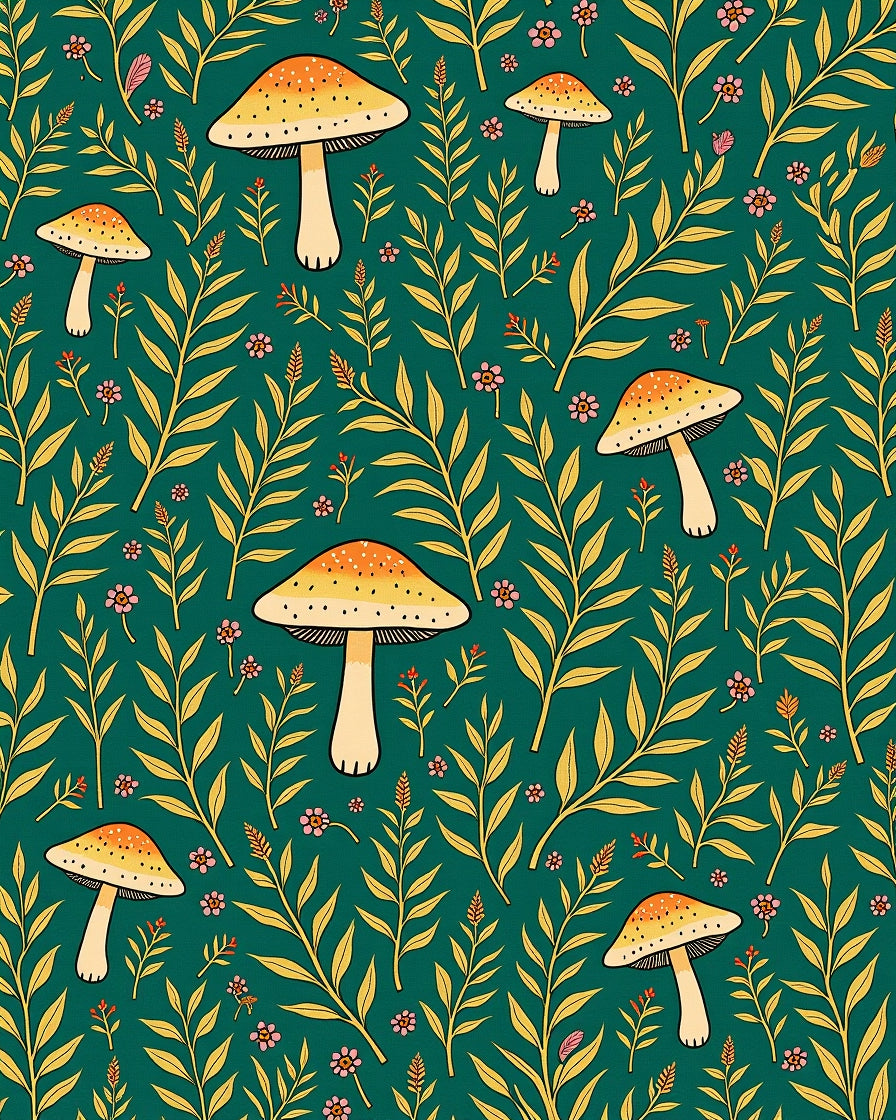 Mushroom Meadow Motif with Botanical Accents and Whimsical Detailing (Green) - ODIKA