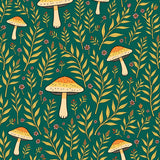 Mushroom Meadow Motif with Botanical Accents and Whimsical Detailing (Green) - ODIKA