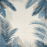 Blue Grey and Beige Botanical Motif Area with Palm Leaves(Blue)