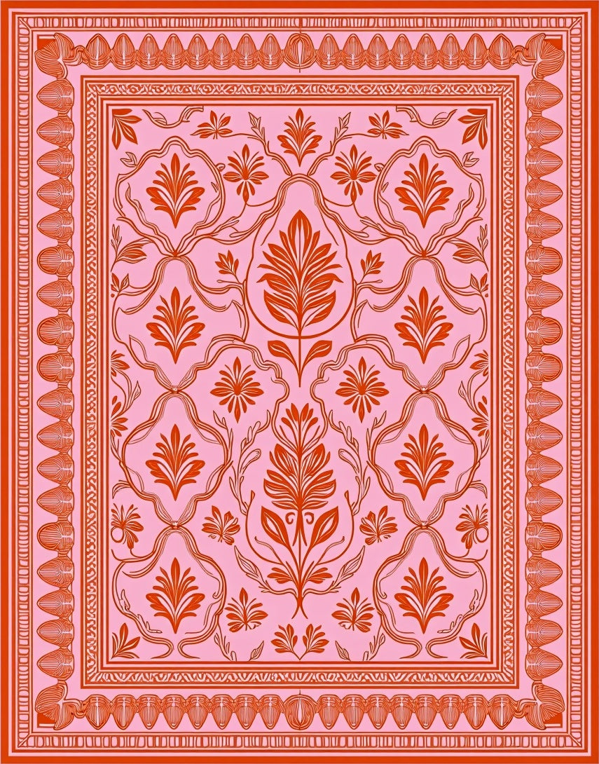 Ornamental Floral Mosaic with Interlocking Shapes and Delicate Foliage (Pink) - ODIKA