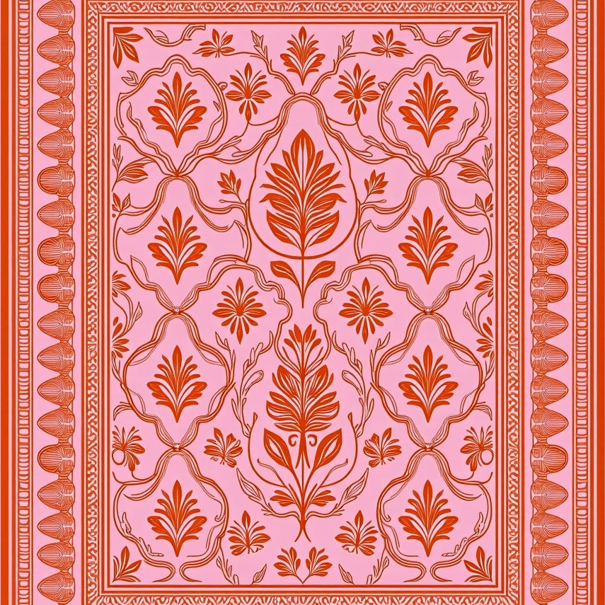 Ornamental Floral Mosaic with Interlocking Shapes and Delicate Foliage (Pink) - ODIKA