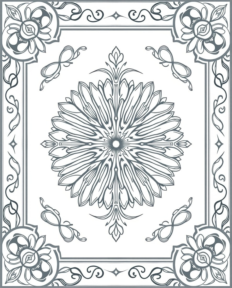 Stylized Floral Medallion with Radiating Petals and Curvilinear Accents (Gray) - ODIKA