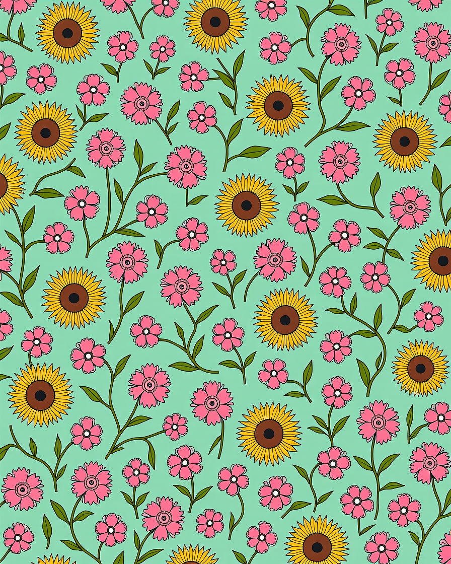 Artistic Sage Green and Pink Floral Mosaic with Sunflower Highlights (Pink) - ODIKA