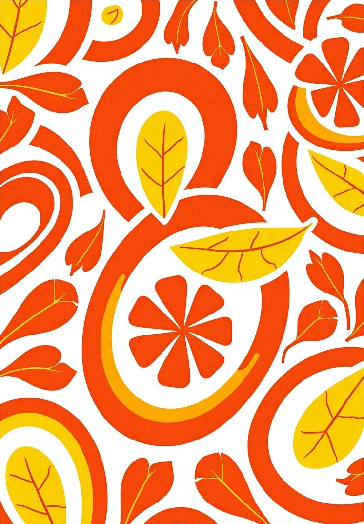 Retro Citrus Burst Abstract with Swirling Petals (Orange) - ODIKA