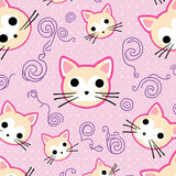 Charming Cartoon Cat Faces with Polka Dot Background and Swirling Vines(Pink)