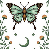 Lunar Moth Dreamscape with Mushroom Grove and Night Sky Motif(Green)
