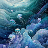 Nautical Fantasy Showcasing Jellyfish and Ocean Foam in Artistic Waves(Blue)