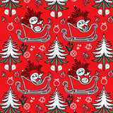 Festive Santa Sleigh and Pine Tree Motif with Snowflake Accents(Red)