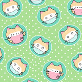 Cheerful Kitten Faces with Polka Dot Accents and Swirling Tail Motifs(Green)