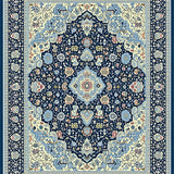 Coastal Floral Medallion Area Navy Beige Easy Care(Blue)