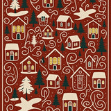 Joyful Holiday Village Scene with Cabins and Twinkling Snow Drifts(Red)