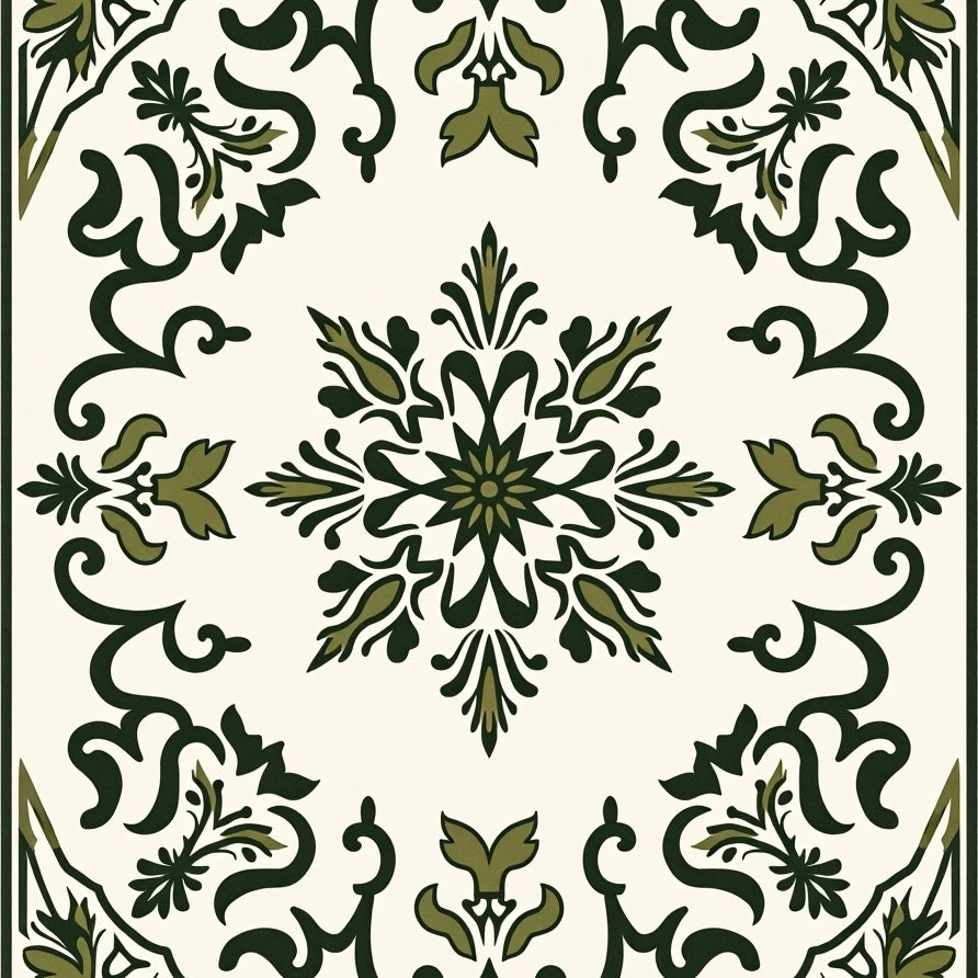 Distressed Botanical Damask with Scrollwork Accents (Ivory) - ODIKA
