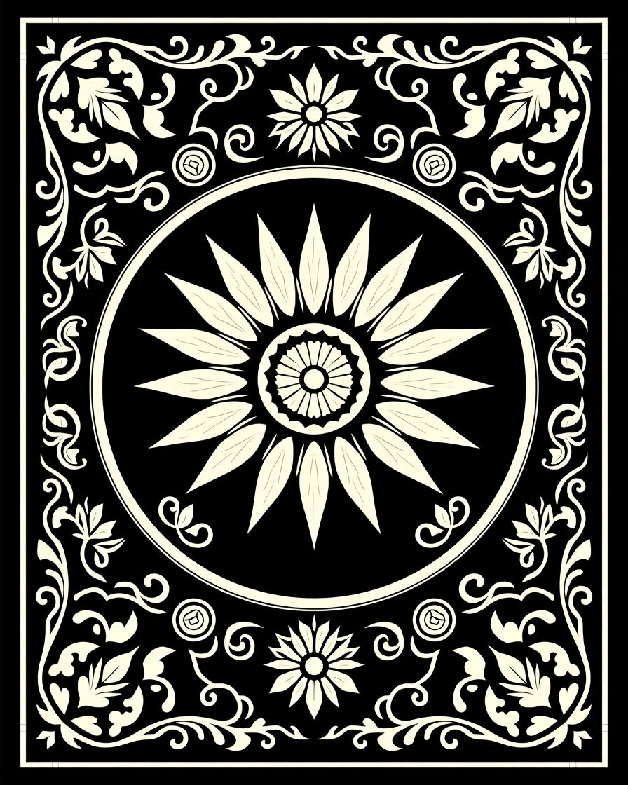 Sunburst Vintage Blossom Artistic Flourish Motif (Black) - ODIKA