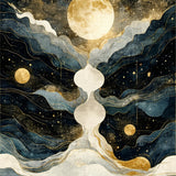 Liquid Celestial Waves Abstract Sun Moon Phases with Flowing Star Trails(Blue)