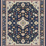 Navy Beige Ornate Medallions Easy Cleaning Non Shedding(Blue)