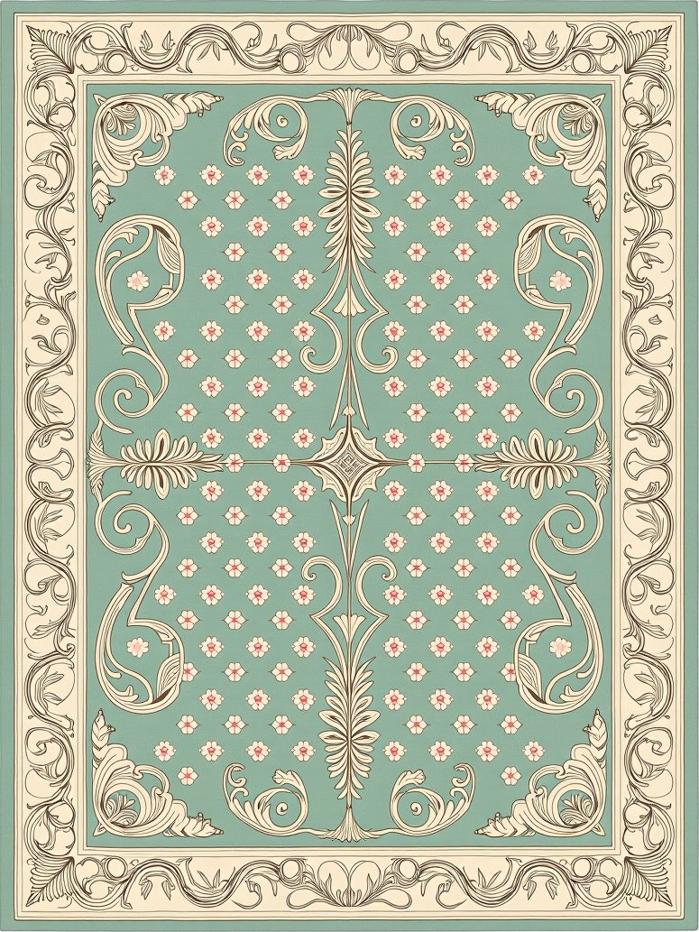 Victorian Blossom Lattice with Ornate Leaf Scrolls (Green) - ODIKA