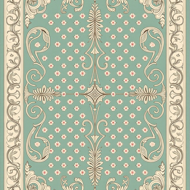 Victorian Blossom Lattice with Ornate Leaf Scrolls (Green) - ODIKA