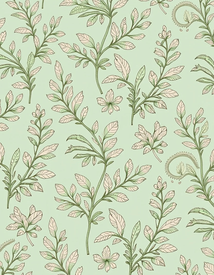 Ornate Boho Garden Vine Motif with Stylized Blooms (Green) - ODIKA